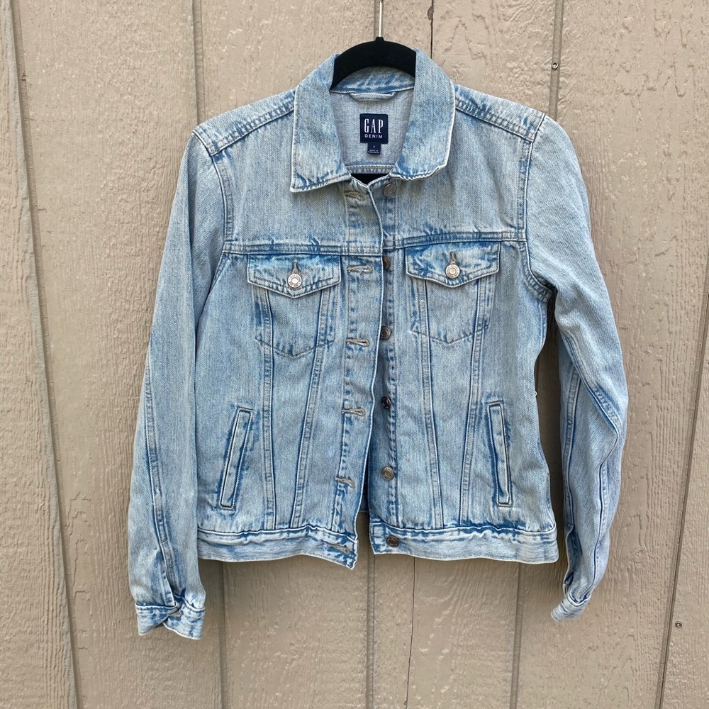 GAP Denim Jacket Puff Sleeve Icon Light Wash Size Small “Forever” Floral Painted - Picture 4 of 9